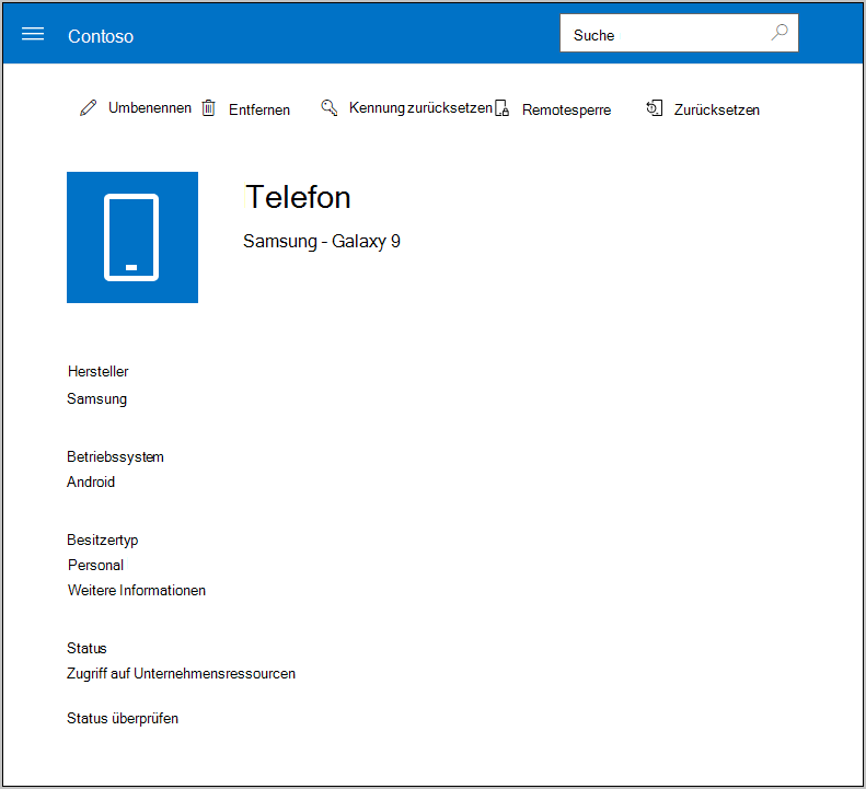 Gerätedetailseite für ein ausgewähltes Gerät auf der Unternehmensportal-Website mit einer Liste von Links oben, die Umbenennen, Entfernen, Gerät zurücksetzen, Kennung zurücksetzen und Remotesperre anzeigen.