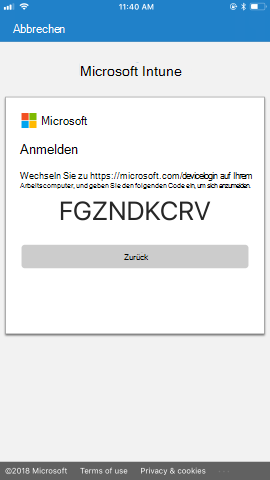 Es werden Anweisungen zum Aufrufen der https://microsoft.com/devicelogin Seite mit einem eindeutigen Kennungscode von Ihrem Arbeitscomputer bereitgestellt, um den Code dann für die Anmeldung zu verwenden.