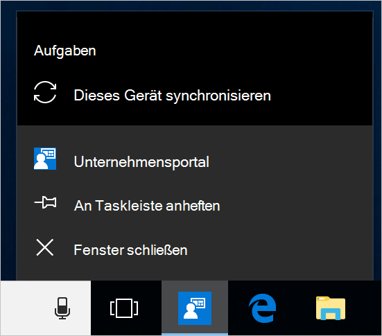 Screenshot der Windows-Taskleiste auf dem Desktop eines Geräts. Unternehmensportal App-Symbol ausgewählt wurde und ein Menü mit den Optionen 