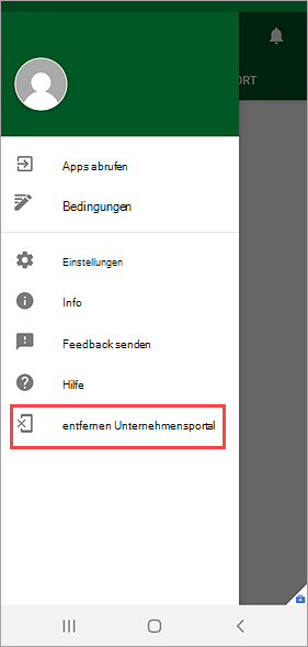 Screenshot: Unternehmensportal App mit hervorgehobener Option 