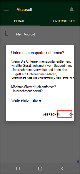 Screenshot: Bestätigung Unternehmensportal App