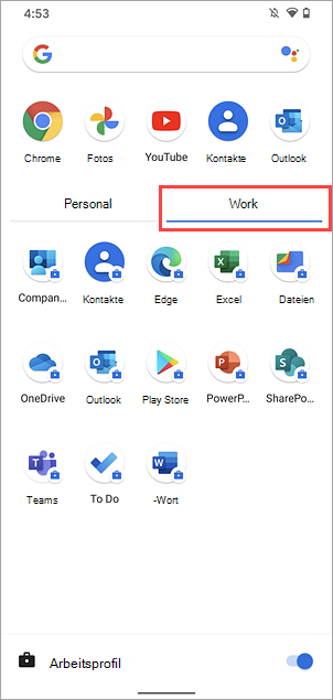 Screenshot der Registerkarte „Arbeit“ in einem Google Pixel 4-App-Drawer