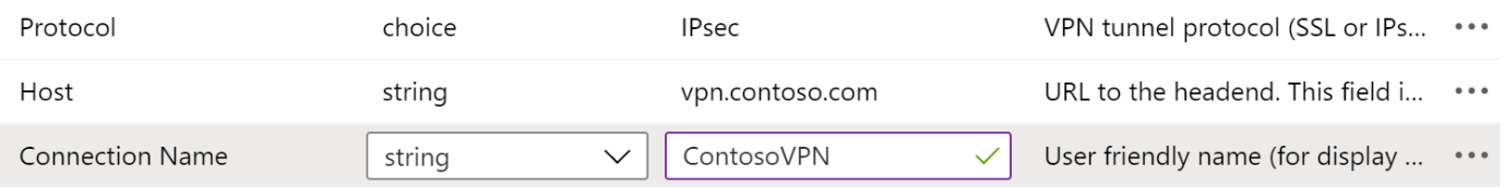 Beispiele für Protokoll, Verbindungsname und Hostname in einer VPN-App-Konfigurationsrichtlinie in Microsoft Intune unter Verwendung der Konfigurations-Designer