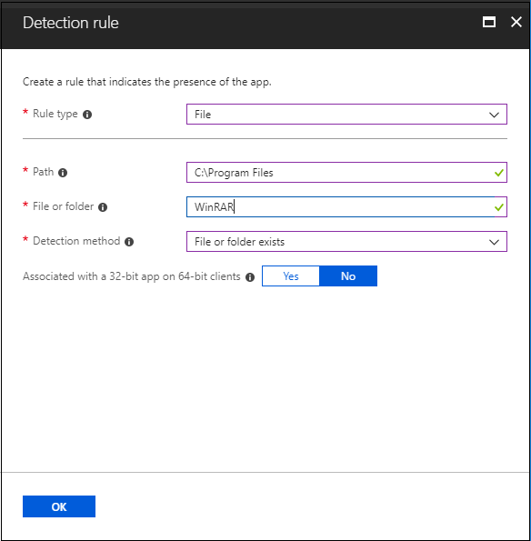 Screenshot des Bereichs mit Erkennungsregeln – Vorhandensein eines Ordners