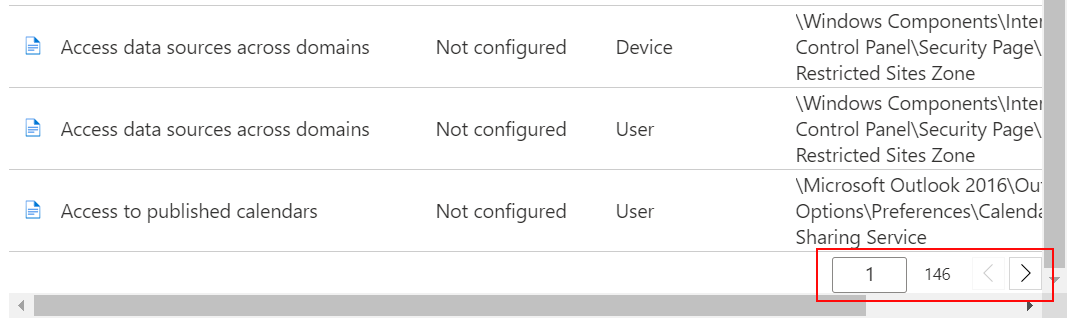 Sehen Sie sich eine Beispielliste der Einstellungen an, und verwenden Sie die Schaltflächen vor und weiter in Intune Admin Center und Microsoft Intune.