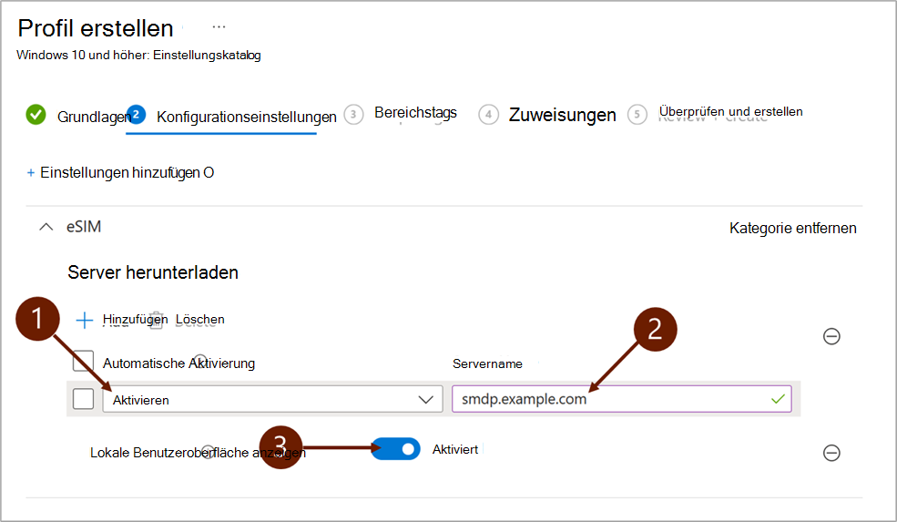 Screenshot: Konfigurationseinstellungen beim Hinzufügen eines eSIM-Downloadservers in Microsoft Intune