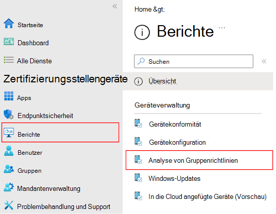 Screenshot: Überprüfen des Berichts und der Ausgabe importierter GRUPPENrichtlinienobjekte mithilfe von Gruppenrichtlinie Analysen in Microsoft Intune und Intune Admin Center