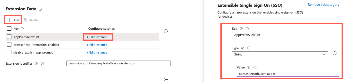 Screenshot: Konfigurieren von Erweiterungsdateneinstellungen, z. B. AppPrefixAllowList