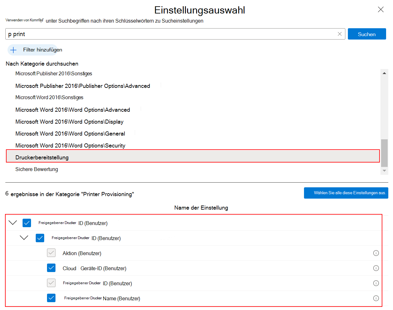 Screenshot: Auswählen der Druckerbereitstellung im Einstellungskatalog zum Erstellen einer universellen Druckrichtlinie in Microsoft Intune und Intune Admin Center