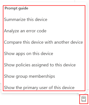 Screenshot: Leitfaden zur Copilot-Eingabeaufforderung, nachdem Sie ein Gerät in Microsoft Intune oder Intune Admin Center ausgewählt haben