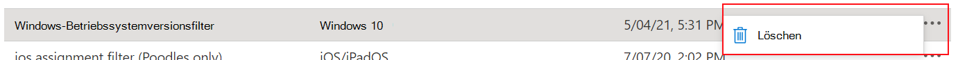 Screenshot: Löschen eines Filters in Microsoft Intune