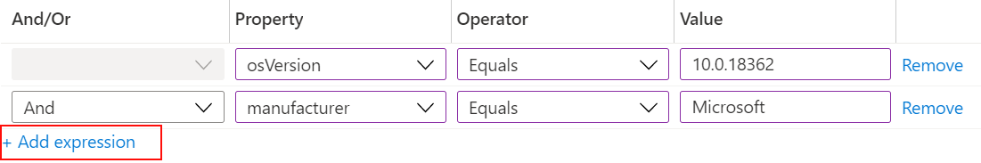 Screenshot: Verwenden des Regel-Generators in Microsoft Intune zum Erstellen eines Ausdrucksfilters und Zuweisens zu Ihren Richtlinien