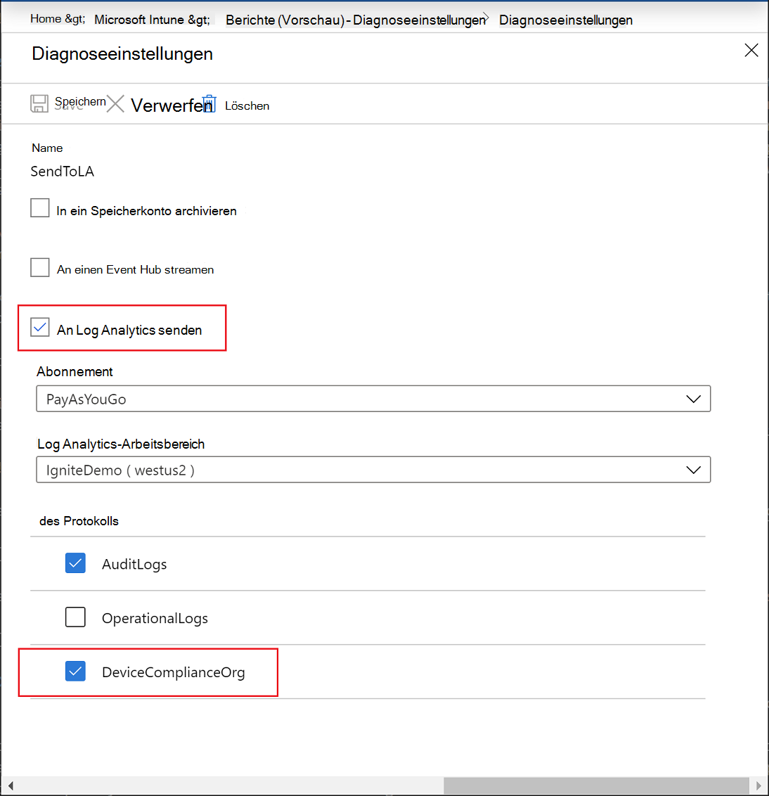 Intune-Berichte: Diagnoseeinstellungen