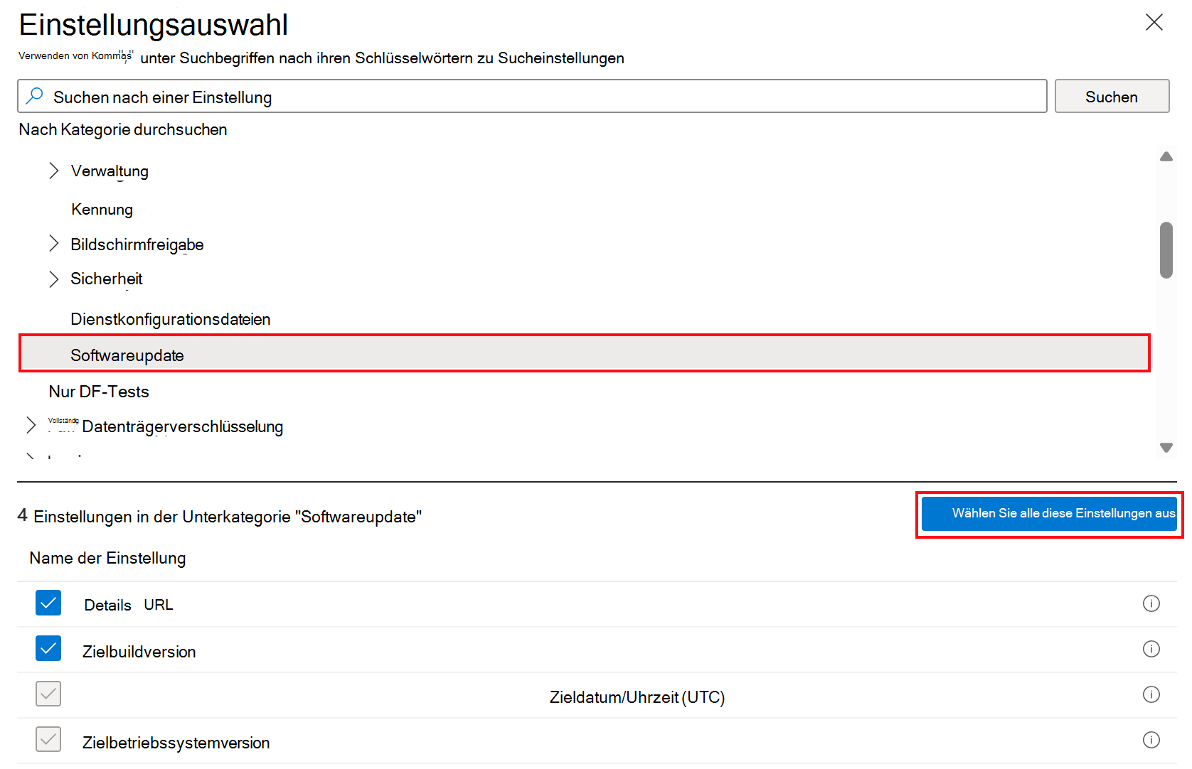 Screenshot: Einstellungen des Katalogs für Softwareupdates für Apple-Geräte in Microsoft Intune