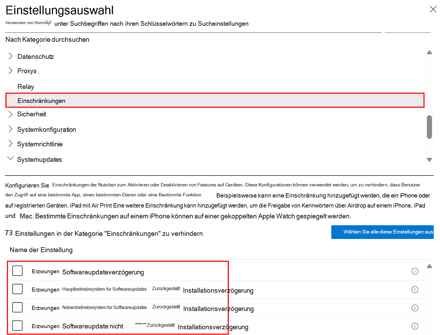 Screenshot: Richtlinieneinstellungen für Katalogeinschränkungen zum Verzögern oder Zurückstellen von Softwareupdates in Microsoft Intune