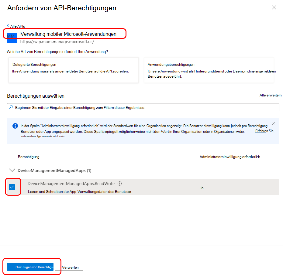 Konfigurieren Sie API-Berechtigungen für Die Verwaltung mobiler Anwendungen von Microsoft.