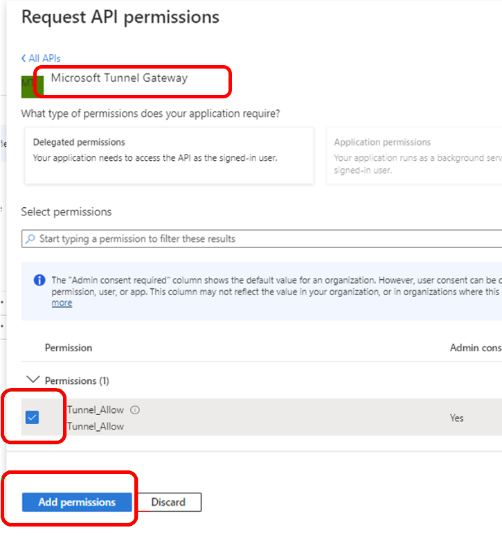 Konfigurieren Sie API-Berechtigungen für Microsoft Tunnel Gateway.