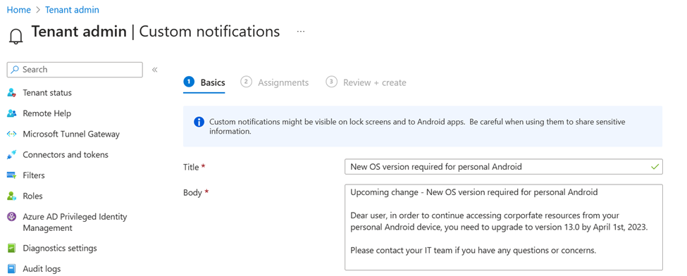 Screenshot: Benutzerdefinierte Benachrichtigung im Microsoft Intune Admin Center
