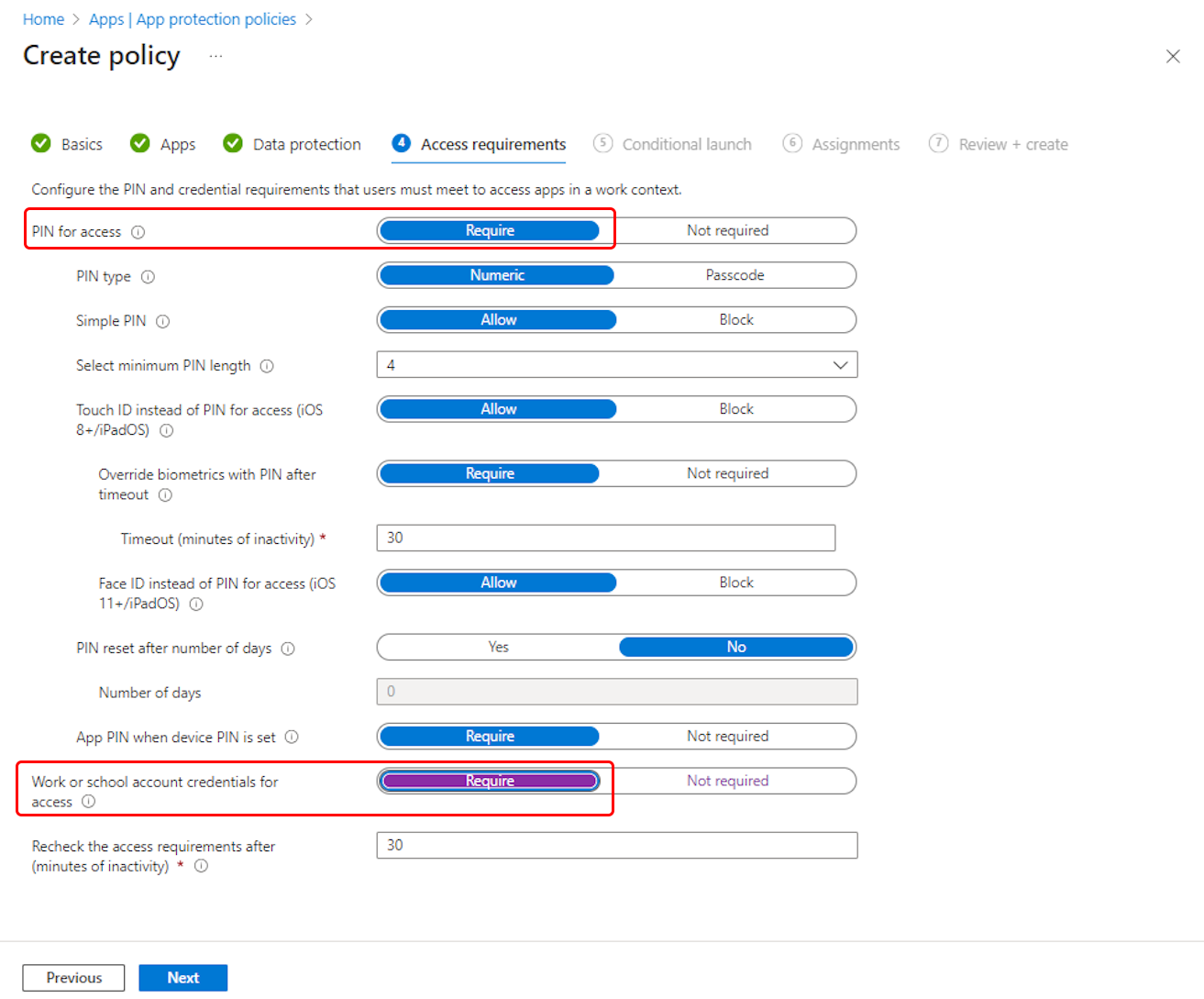 Wählen Sie die Zugriffsaktionen im Rahmen der Outlook-App-Schutzrichtlinie aus.