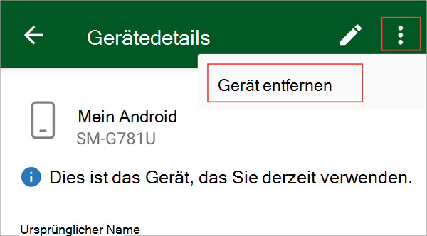 Screenshot: Unternehmensportal App mit hervorgehobener Menüschaltfläche und Option 