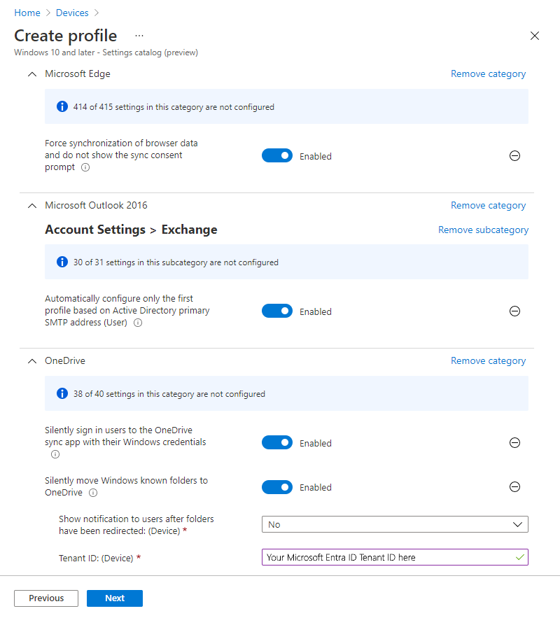 Screenshot: Beispiel für ein Einstellungskatalogprofil in Microsoft Intune