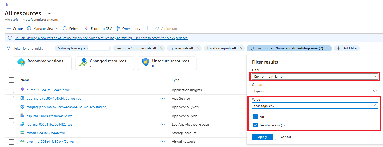 Ressourcenfilter in Azure