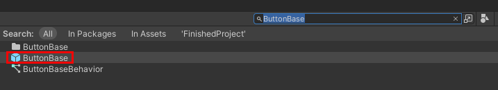 Screenshot des Begriffs Buttonbase, der im Projektfenster in Unity durchsucht wurde