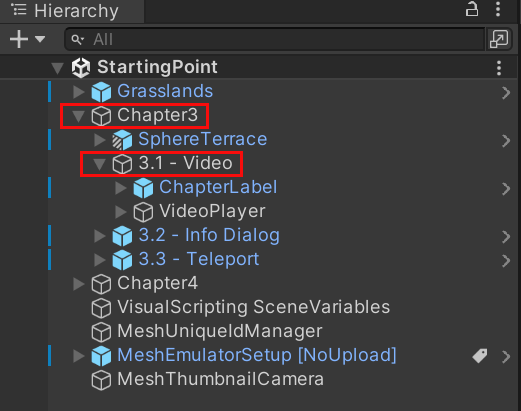 Screenshot von Unity hierachy mit erweiterten Videoordnern 