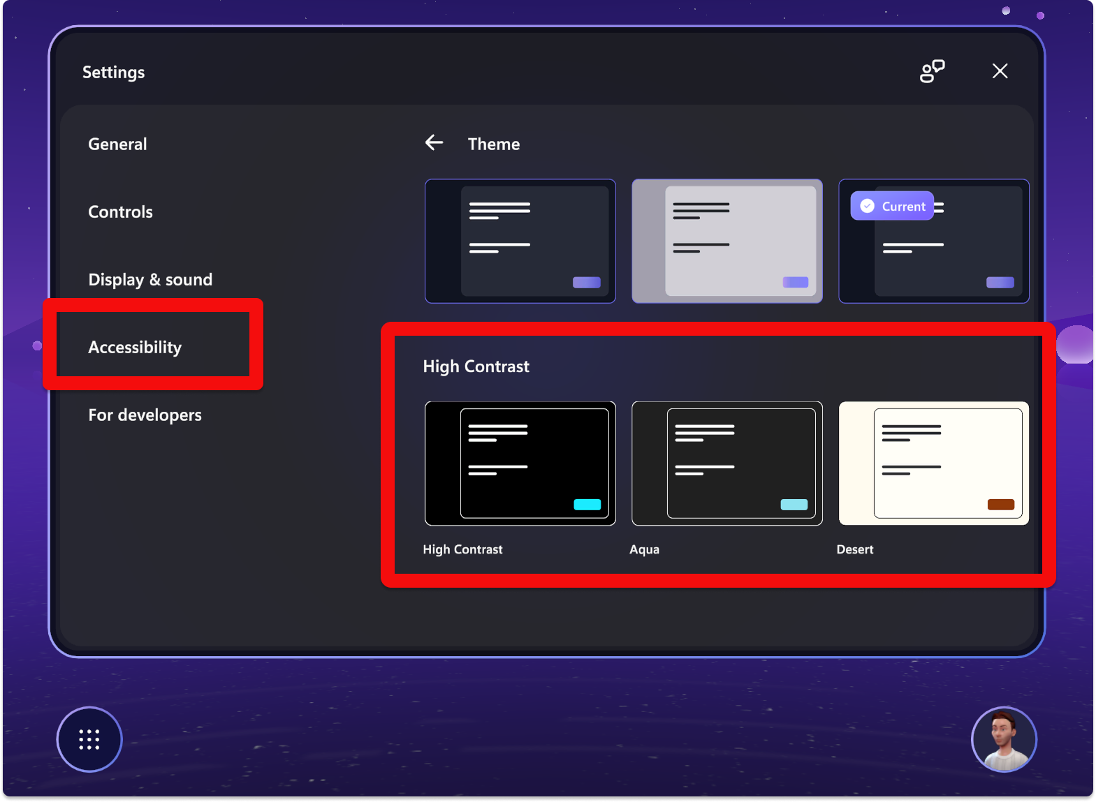 Screenshot der Barrierefreiheitsfeatures mit hohem Kontrast in Microsoft Mesh.