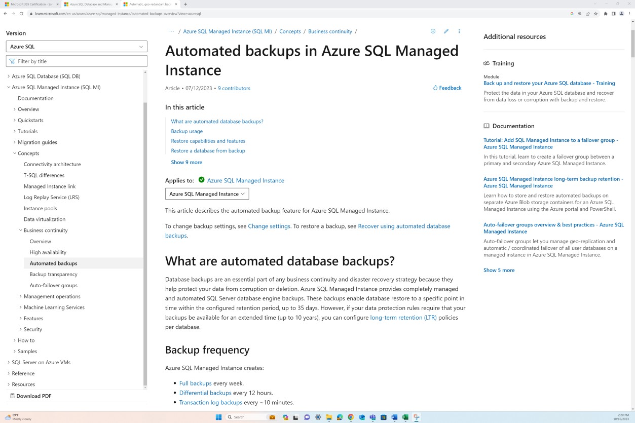 learn.microsoft.com Azure SQL-Richtliniendokument.