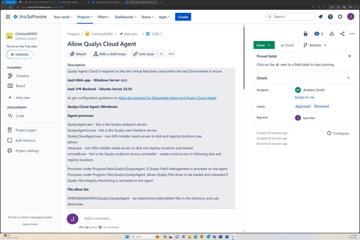 Jira-Dashboard, das einen vollständigen Genehmigungsprozess auflistet.