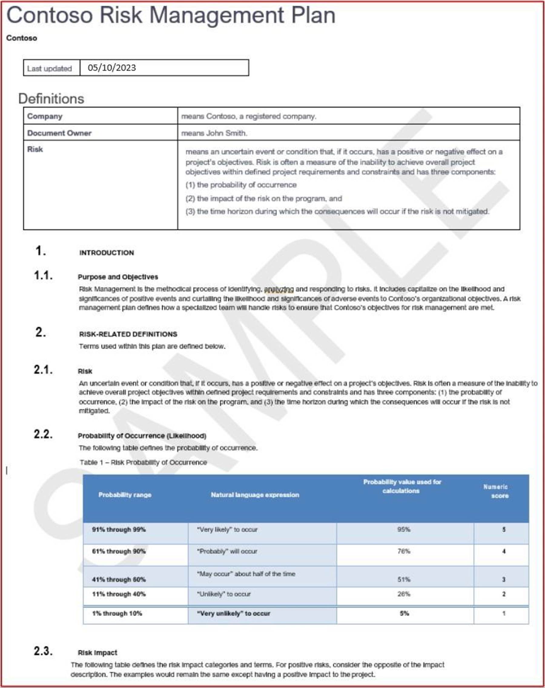 Dokument des Contoso-Risikomanagementplans.