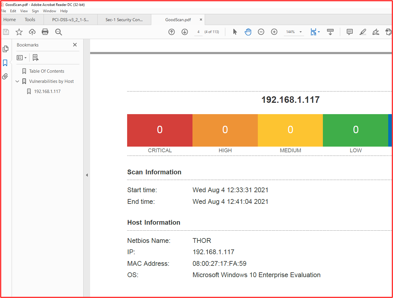 Beweise zeigen, dass die systeminterne Komponente THOR Software ausführt, die vom Anbieter unterstützt wird, da Nessus keine Probleme gekennzeichnet hat.