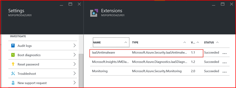 Screenshot von Azure Security Center; Es zeigt, dass eine Antimalware-Erweiterung auf dem virtuellen Computer bereitgestellt wurde.