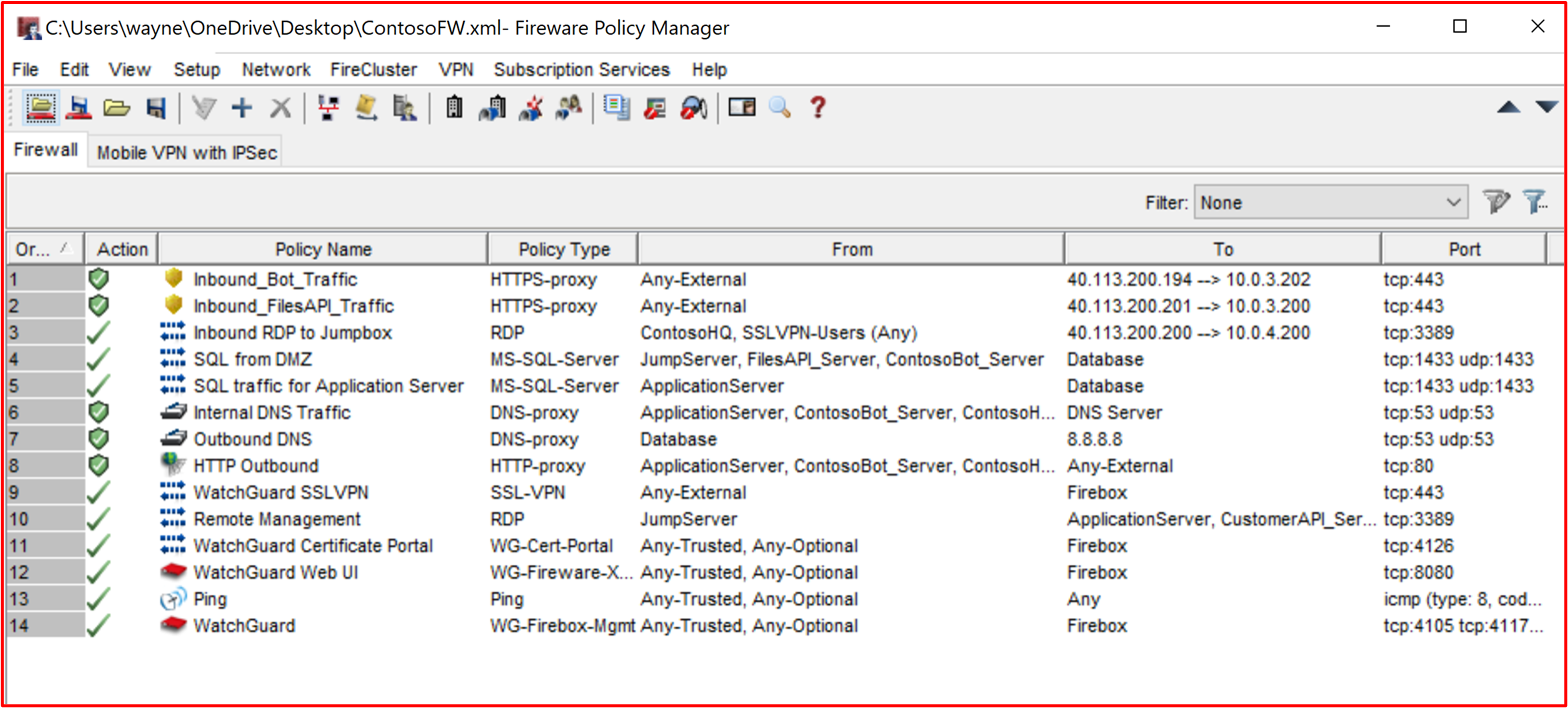 Screenshot der WatchGuard-Firewallregelbasis