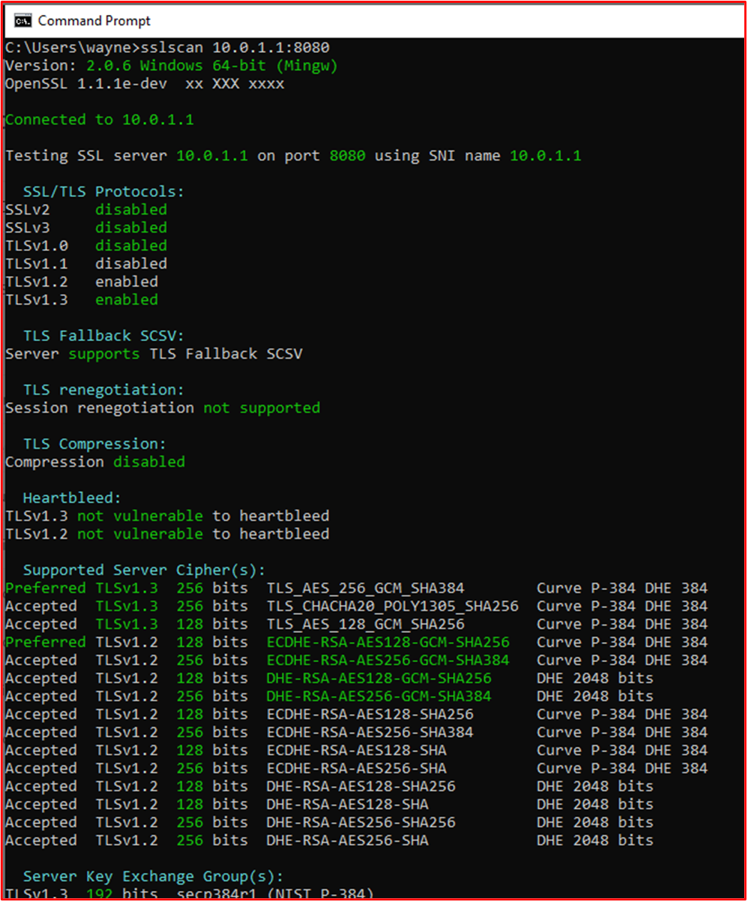 Screenshot: Ausgabe von SSLScan für die Webadministratorschnittstelle der WatchGuard-Firewall an TCP-Port 8080