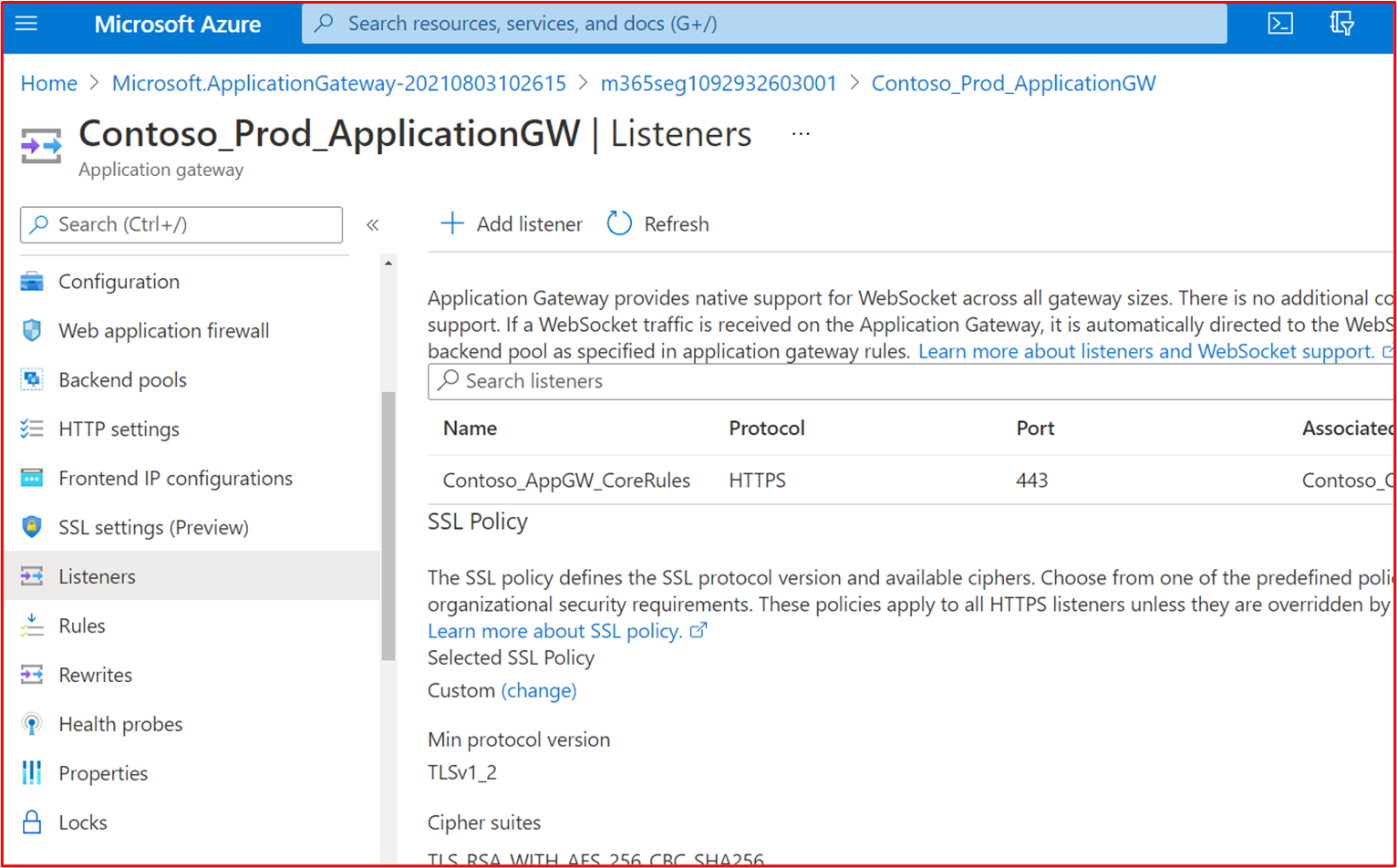 Screenshot: Konfiguriert für die Azure Application Gateway-Instanz von Contoso Production