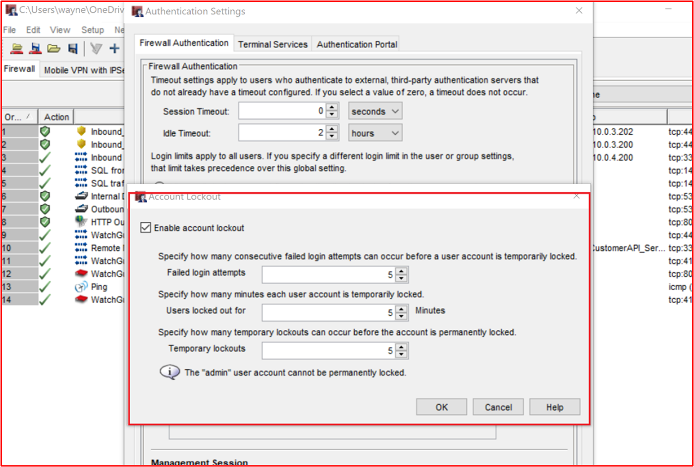 Kontosperrungseinstellungen für eine WatchGuard Firewall