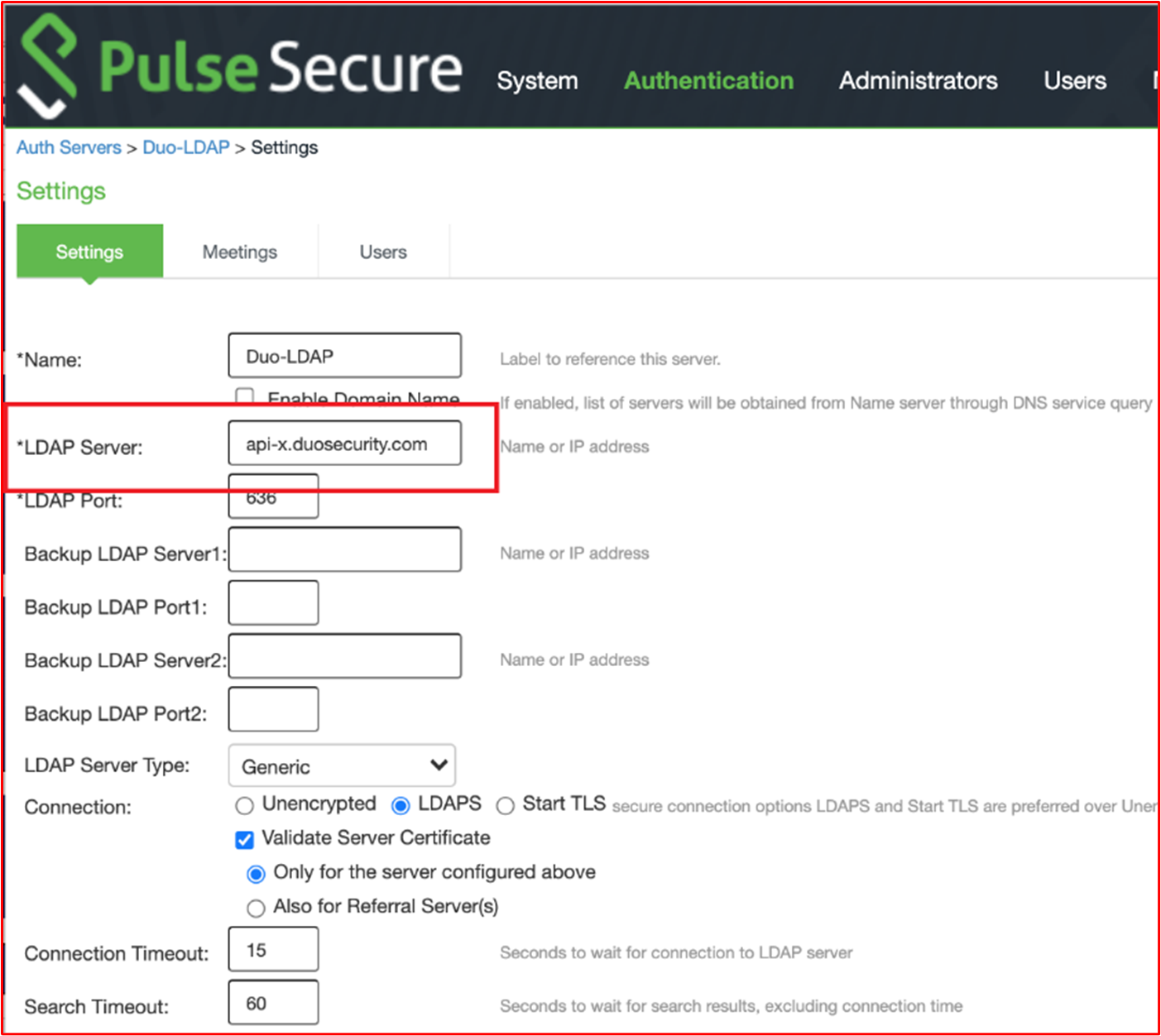 Screenshot der Konfiguration für den Duo-LDAP-Authentifizierungsserver, der zeigt, dass dieser auf den Duo SaaS-Dienst für MFA verweist.