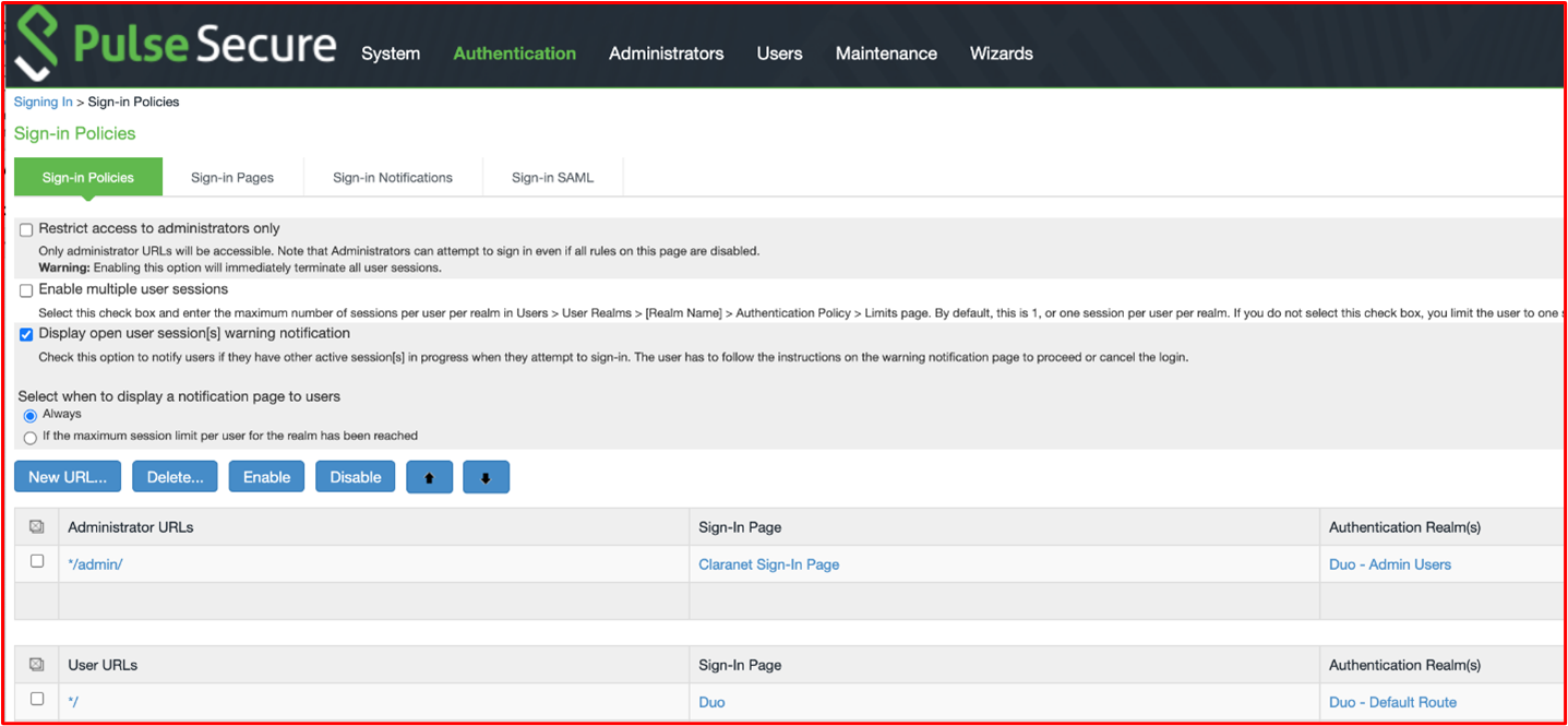 Screenshots zeigen die in Pulse Secure konfigurierten Authentifizierungsbereiche, die für den Remotezugriff auf die Umgebung verwendet werden.