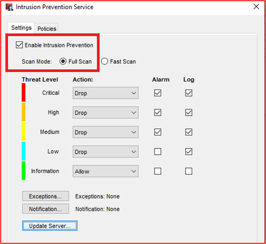 Screenshot, der zeigt, dass die IDPS-Funktionalität in der WatchGuard-Firewall aktiviert ist.