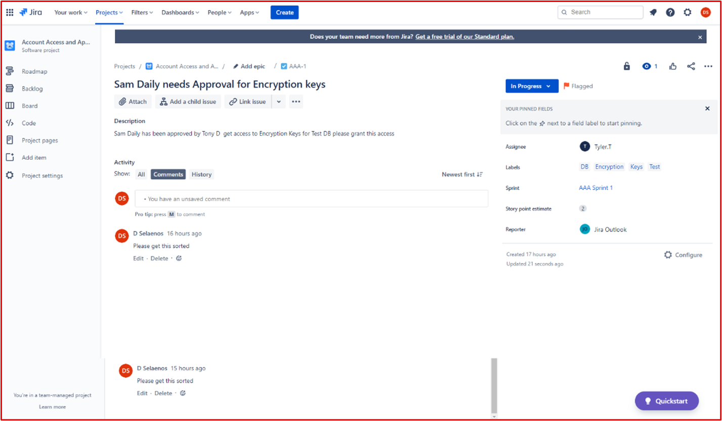 Screenshot, der zeigt, dass eine Anforderung in Jira erstellt wurde, um die Sam Daily-Genehmigung für Verschlüsselungsschlüssel in der Back-End-Umgebung des Systems zu erhalten1