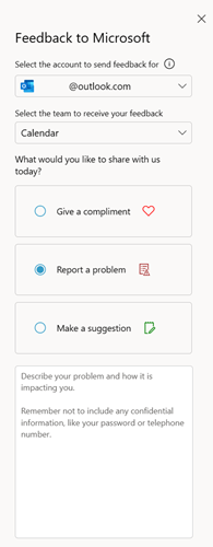 Screenshot: Bereitstellen von Produktfeedback über Feedback an Microsoft