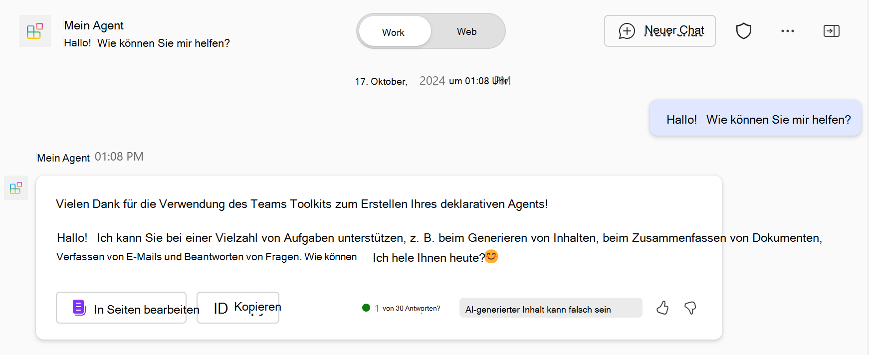 Screenshot einer Antwort des deklarativen Agents in Microsoft 365 Copilot