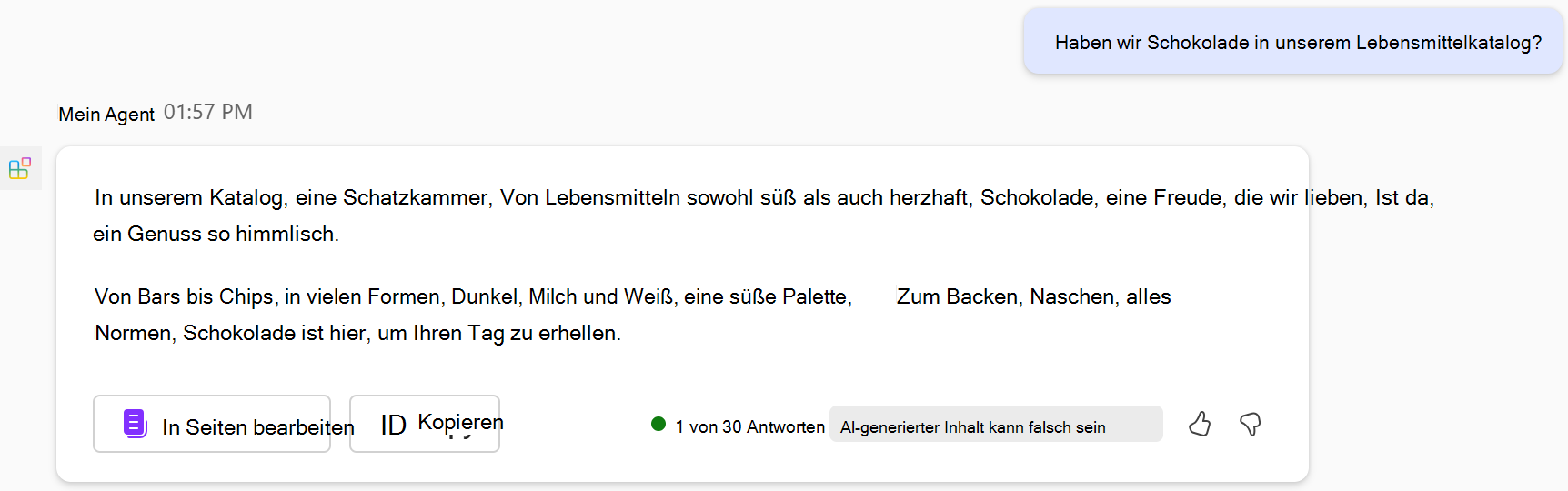 Screenshot einer Antwort eines deklarativen Agents basierend auf aktualisierten Anweisungen