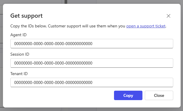 Kopieren der Supportdetails im Agent-Generator