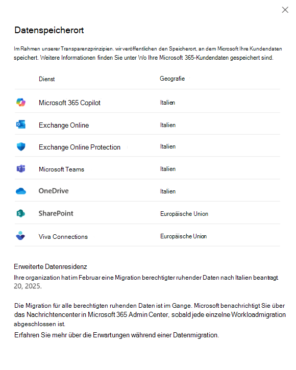 Screenshot: Ansicht „Datenspeicherort“ Migration wird ausgeführt.