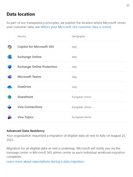 Screenshot: Ansicht „Datenspeicherort“ Migration wird ausgeführt.