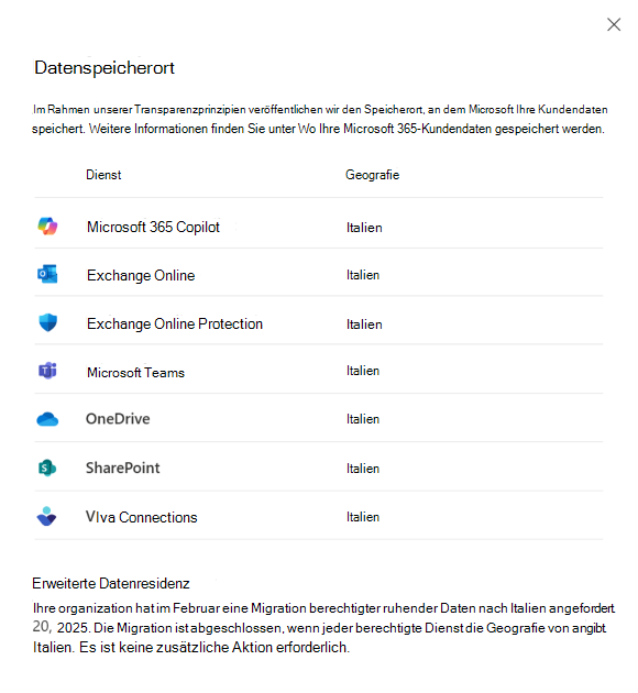 Screenshot: Ansicht „Datenspeicherort“ Migration abgeschlossen