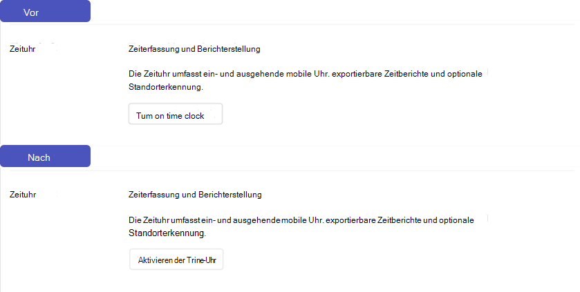 Beispiel für die Zeituhreinstellung in Schichten für Manager in Service und Produktion, bevor und nachdem sie ihre Berechtigungen zum Ändern dieser Einstellung entfernt haben.